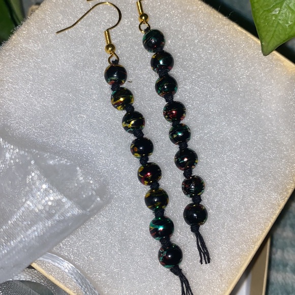 Rasta Theme Hand Crafted Macrame Style Beaded Fringe Gold Toned Dangle Earrings - Picture 4 of 9